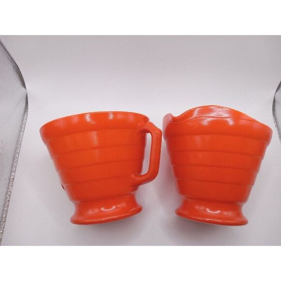 Vintage Hazel Atlas Orange Cream & Sugar Bowls Milk Glass D Handle - Picture 3 of 16